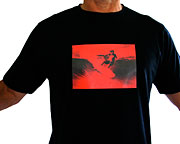 Red Michael Peterson cutback on black T-shirt